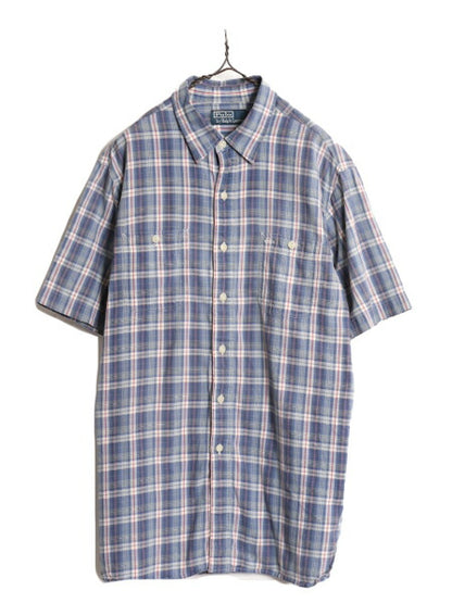 90s ポロ ラルフローレン チェック 半袖 シャツ メンズ L 古着 90年代 オールド マルチカラー コットン ポニー無し ポケット付き マチ付き