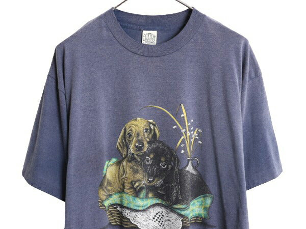 80s USA製 ドッグ アート イラスト プリント Tシャツ メンズ XL 古着 80年代 ヴィンテージ 犬 アニマル シングルステッチ 大きいサイズ 紺