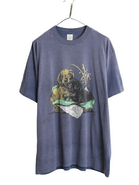 80s USA製 ドッグ アート イラスト プリント Tシャツ メンズ XL 古着 80年代 ヴィンテージ 犬 アニマル シングルステッチ 大きいサイズ 紺
