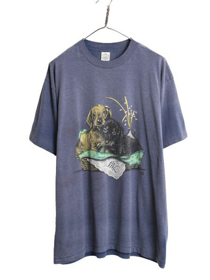 80s USA製 ドッグ アート イラスト プリント Tシャツ メンズ XL 古着 80年代 ヴィンテージ 犬 アニマル シングルステッチ 大きいサイズ 紺