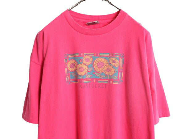 90s ひまわり アート イラスト プリント Tシャツ メンズ XL / 90年代 オールド 大きいサイズ フラワー シングルステッチ ヘビーウェイト 花