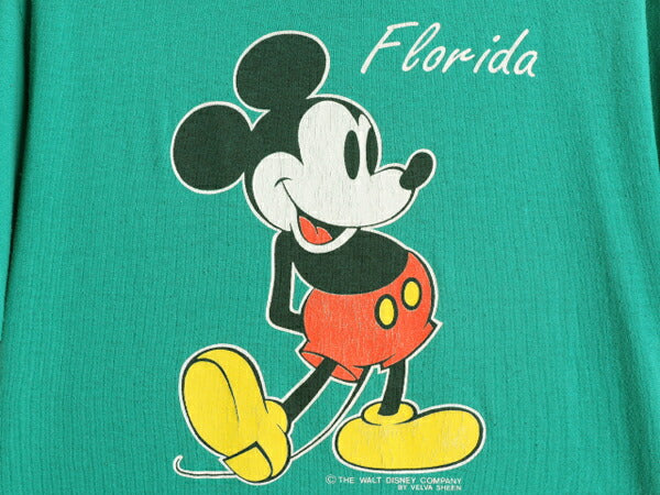 80s ディズニー オフィシャル ミッキー プリント Tシャツ メンズ レディース M 程/ 80年代 ヴィンテージ キャラクター シングルステッチ 緑