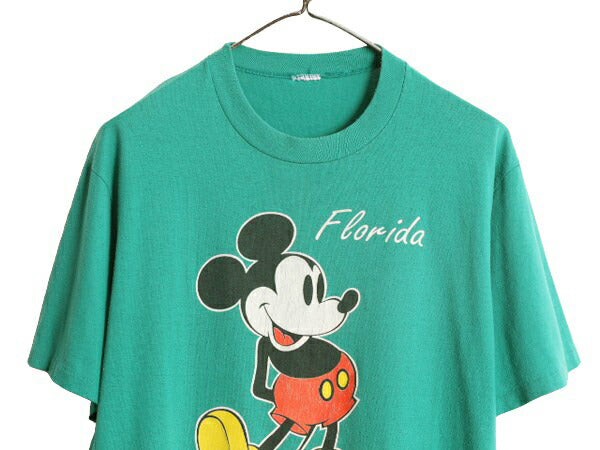 80s ディズニー オフィシャル ミッキー プリント Tシャツ メンズ レディース M 程/ 80年代 ヴィンテージ キャラクター シングルステッチ 緑