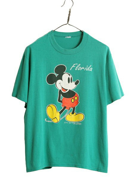 80s ディズニー オフィシャル ミッキー プリント Tシャツ メンズ レディース M 程/ 80年代 ヴィンテージ キャラクター シングルステッチ 緑