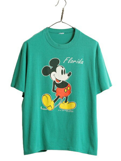 80s ディズニー オフィシャル ミッキー プリント Tシャツ メンズ レディース M 程/ 80年代 ヴィンテージ キャラクター シングルステッチ 緑