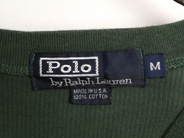 90s USA製 ポロ ラルフローレン Vネック リブ編み 半袖 Tシャツ メンズ M 古着 90年代 オールド コットン ワンポイント ヘビーウェイト 緑