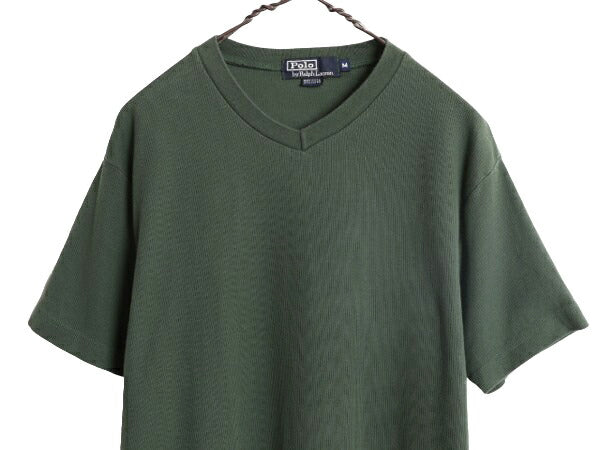 90s USA製 ポロ ラルフローレン Vネック リブ編み 半袖 Tシャツ メンズ M 古着 90年代 オールド コットン ワンポイント ヘビーウェイト 緑