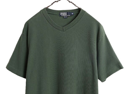 90s USA製 ポロ ラルフローレン Vネック リブ編み 半袖 Tシャツ メンズ M 古着 90年代 オールド コットン ワンポイント ヘビーウェイト 緑