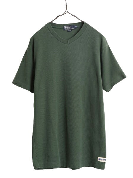 90s USA製 ポロ ラルフローレン Vネック リブ編み 半袖 Tシャツ メンズ M 古着 90年代 オールド コットン ワンポイント ヘビーウェイト 緑