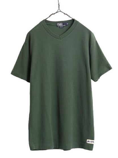 90s USA製 ポロ ラルフローレン Vネック リブ編み 半袖 Tシャツ メンズ M 古着 90年代 オールド コットン ワンポイント ヘビーウェイト 緑