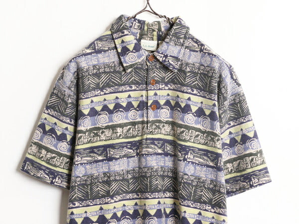 90s エルエルビーン 総柄 ピケ 半袖 ポロシャツ メンズ M 古着 90年代 オールド アウトドア LLBEAN 半袖シャツ ボックス アロハ ハワイアン
