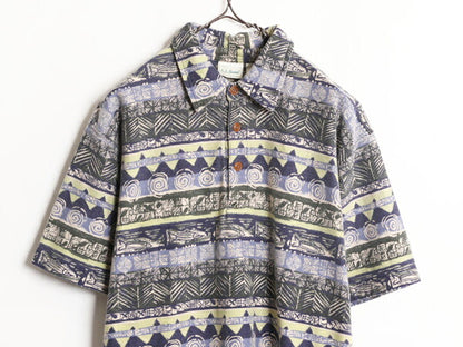 90s エルエルビーン 総柄 ピケ 半袖 ポロシャツ メンズ M 古着 90年代 オールド アウトドア LLBEAN 半袖シャツ ボックス アロハ ハワイアン