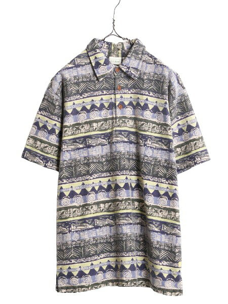 90s エルエルビーン 総柄 ピケ 半袖 ポロシャツ メンズ M 古着 90年代 オールド アウトドア LLBEAN 半袖シャツ ボックス アロハ ハワイアン