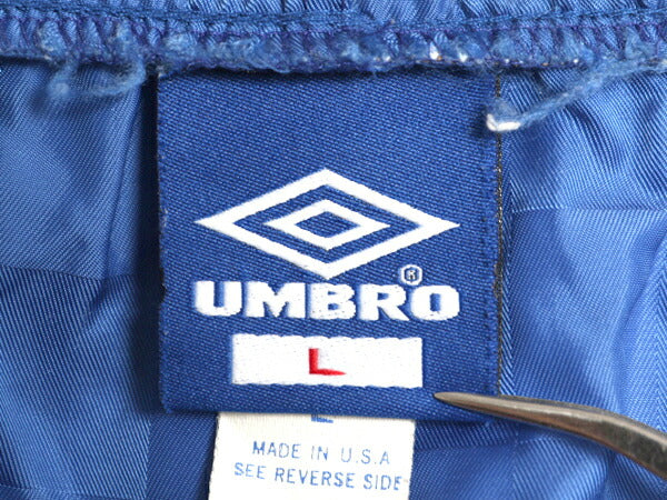 90s USA製 アンブロ ナイロン ショートパンツ メンズ L 古着 オールド チェック ショーツ スポーツ トレーニング ワンポイント サッカー 青