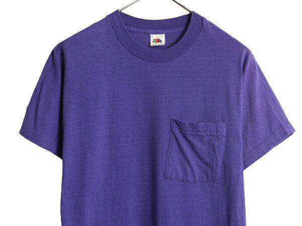 80s USA製 フルーツオブザルーム ポケット付き 無地 半袖 Tシャツ メンズ L 小さめ M 程/ ヴィンテージ ポケT シングルステッチ 耳付き 紫