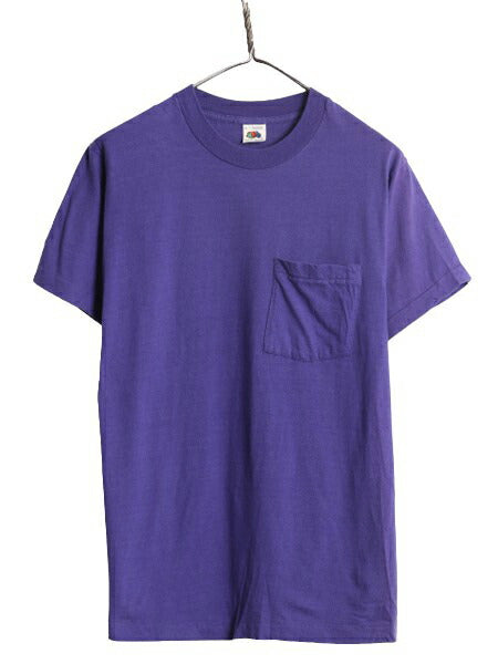 80s USA製 フルーツオブザルーム ポケット付き 無地 半袖 Tシャツ メンズ L 小さめ M 程/ ヴィンテージ ポケT シングルステッチ 耳付き 紫