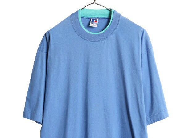 90s USA製 ラッセル 半袖 Tシャツ メンズ L / 古着 90年代 オールド RUSSELL 二重リブ ヘビーウェイト コットン ワンポイント クルーネック