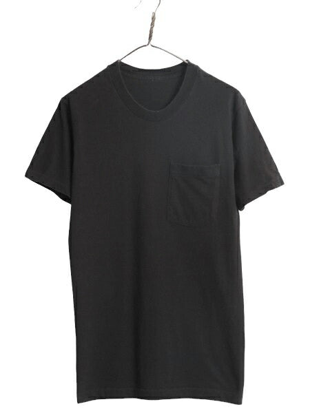 80s ポケット付き 無地 半袖 Tシャツ メンズ M 程 古着 80年代 ヴィンテージ ポケT 無地T シングルステッチ 耳付き クルーネック ブラック