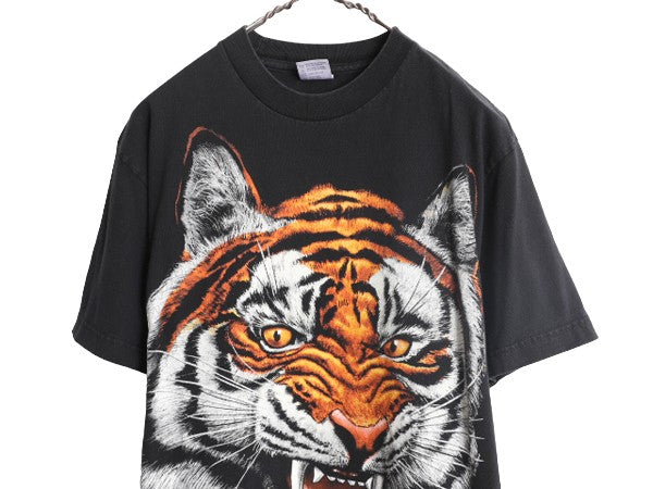90s タイガー アート イラスト プリント Tシャツ メンズ レディース M 古着 90年代 オールド 虎 アニマル ヘビーウェイト グラフィック 黒