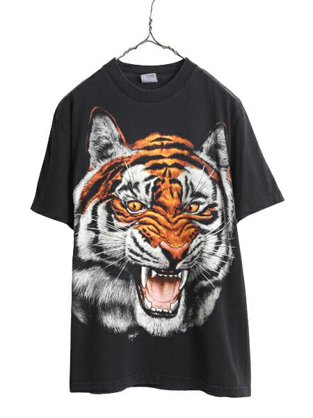 90s タイガー アート イラスト プリント Tシャツ メンズ レディース M 古着 90年代 オールド 虎 アニマル ヘビーウェイト グラフィック 黒