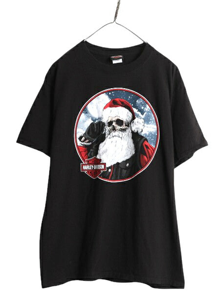 ハーレー ダビットソン 両面 プリント Tシャツ メンズ L / オフィシャル バイク サンタ スカル イラスト グラフィック バイカー ブラック