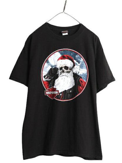 ハーレー ダビットソン 両面 プリント Tシャツ メンズ L / オフィシャル バイク サンタ スカル イラスト グラフィック バイカー ブラック