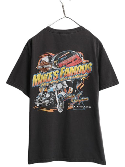 00s USA製 ハーレー ダビットソン 両面 プリント Tシャツ メンズ L 古着 オールド オフィシャル ウルフ ファイヤー バイク グラフィック 黒