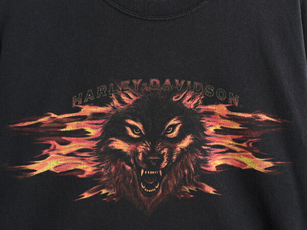 00s USA製 ハーレー ダビットソン 両面 プリント Tシャツ メンズ L 古着 オールド オフィシャル ウルフ ファイヤー バイク グラフィック 黒