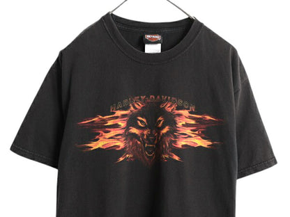 00s USA製 ハーレー ダビットソン 両面 プリント Tシャツ メンズ L 古着 オールド オフィシャル ウルフ ファイヤー バイク グラフィック 黒