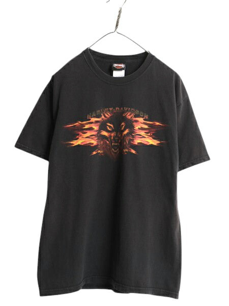 00s USA製 ハーレー ダビットソン 両面 プリント Tシャツ メンズ L 古着 オールド オフィシャル ウルフ ファイヤー バイク グラフィック 黒
