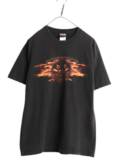 00s USA製 ハーレー ダビットソン 両面 プリント Tシャツ メンズ L 古着 オールド オフィシャル ウルフ ファイヤー バイク グラフィック 黒