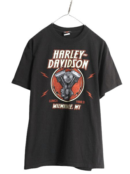 ハーレー ダビットソン 両面 プリント Tシャツ メンズ M / 古着 オフィシャル バイク パンヘッド イラスト グラフィック ヘビーウェイト 黒