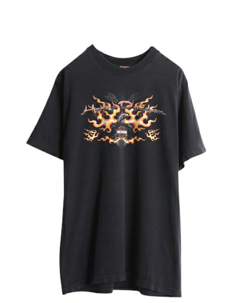 00s ハーレー ダビットソン 両面 プリント Tシャツ メンズ L オールド オフィシャル バイク イーグル ファイヤー イラスト グラフィック 黒