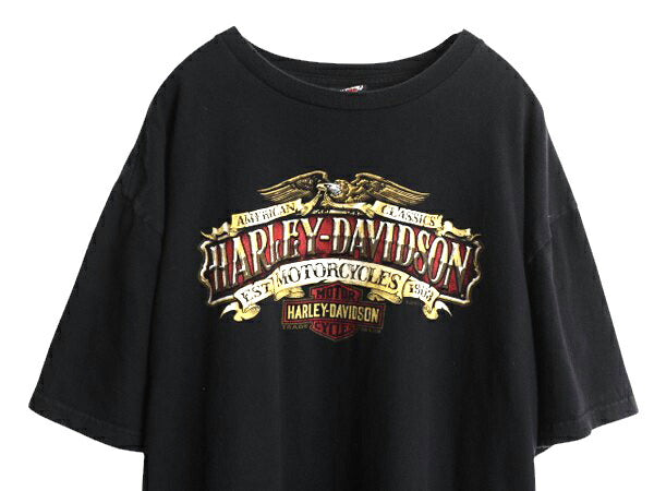 ハーレー ダビットソン 両面 プリント Tシャツ メンズ XXL / オフィシャル イーグル バイク イラスト グラフィック 大きいサイズ ブラック
