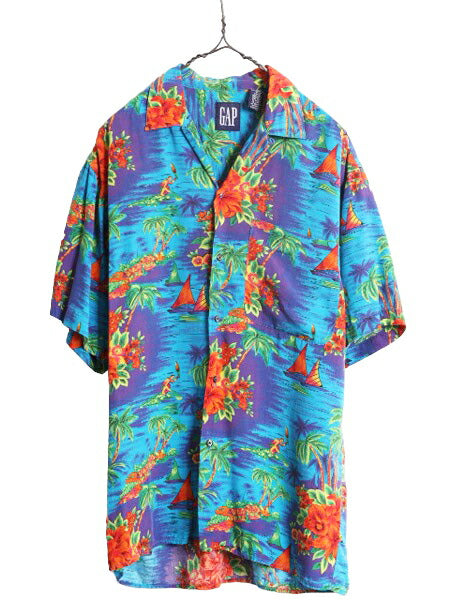90s OLD GAP レーヨン アロハ シャツ メンズ S / 古着 90年代 オールド ギャップ ハワイアン オープンカラー 開襟  ループ留め 総柄 旧タグ