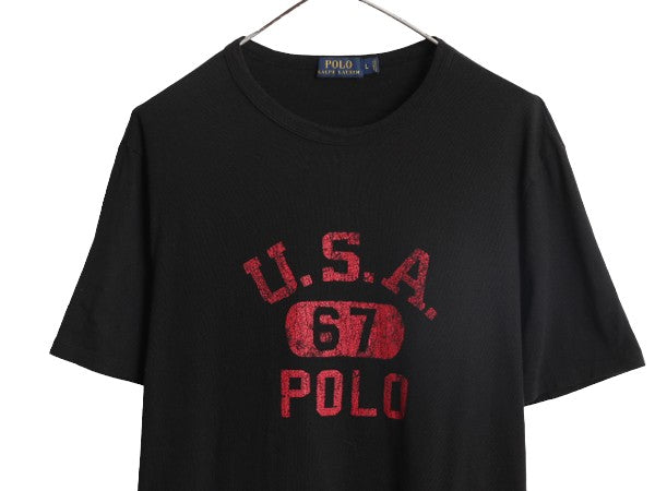 ポロ ラルフローレン 3段 プリント 半袖 Tシャツ メンズ L 古着 プリントT ロゴT ヘビーウェイト シングルステッチ USA コットン ブラック