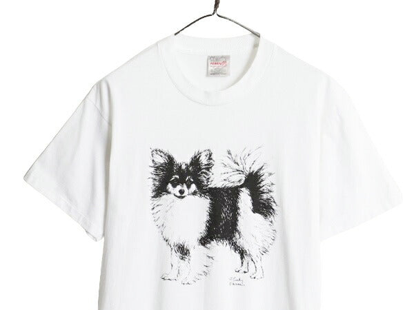 90sドッグ アート イラスト プリント Tシャツ メンズ レディース L / 古着 90年代 オールド 犬 アニマル シングルステッチ グラフィック 白