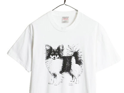 90sドッグ アート イラスト プリント Tシャツ メンズ レディース L / 古着 90年代 オールド 犬 アニマル シングルステッチ グラフィック 白