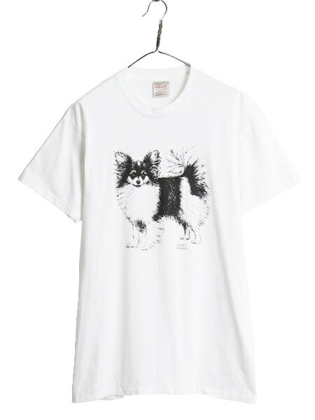 90sドッグ アート イラスト プリント Tシャツ メンズ レディース L / 古着 90年代 オールド 犬 アニマル シングルステッチ グラフィック 白