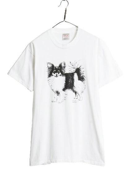 90sドッグ アート イラスト プリント Tシャツ メンズ レディース L / 古着 90年代 オールド 犬 アニマル シングルステッチ グラフィック 白