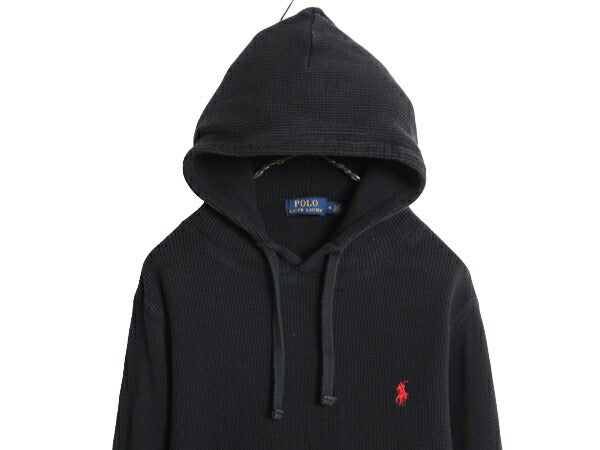 ポロ ラルフローレン サーマル フード パーカー メンズ M 古着 ロンT 長袖Tシャツ ワッフル プルオーバー カットソー ワンポイント 無地 黒