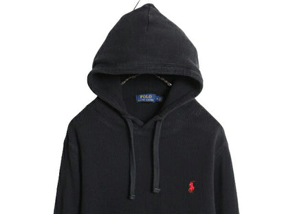 ポロ ラルフローレン サーマル フード パーカー メンズ M 古着 ロンT 長袖Tシャツ ワッフル プルオーバー カットソー ワンポイント 無地 黒