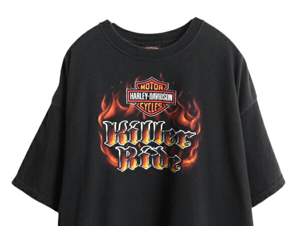 USA製 ハーレー ダビットソン 両面 プリント Tシャツ メンズ XXL オフィシャル ファイヤー バイク イラスト グラフィック 大きいサイズ 黒