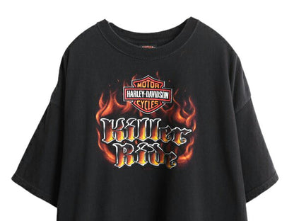 USA製 ハーレー ダビットソン 両面 プリント Tシャツ メンズ XXL オフィシャル ファイヤー バイク イラスト グラフィック 大きいサイズ 黒