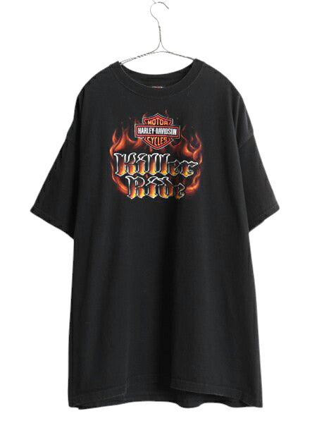 USA製 ハーレー ダビットソン 両面 プリント Tシャツ メンズ XXL オフィシャル ファイヤー バイク イラスト グラフィック 大きいサイズ 黒