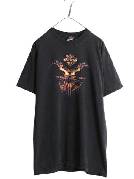 00s USA製 ハーレー ダビットソン 両面 プリント Tシャツ メンズ L / オールド オフィシャル バイク ファイヤー イラスト グラフィック 黒