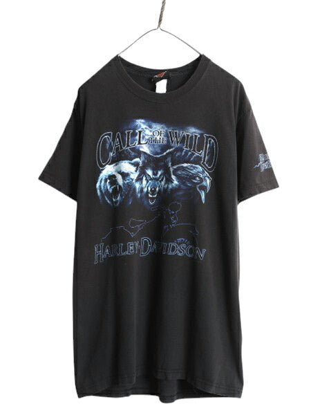 ハーレー ダビットソン 両面 プリント Tシャツ メンズ M 程 オフィシャル バイク イラスト イーグル ウルフ ベア アニマル グラフィック 黒