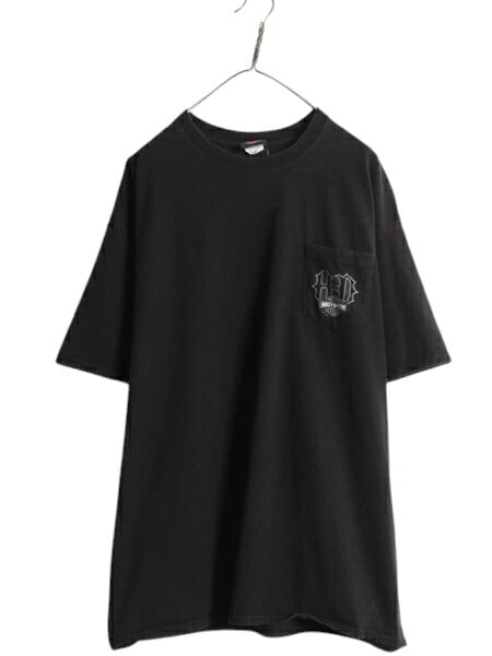 ハーレー ダビットソン 両面 プリント ポケット付き Tシャツ メンズ XXL / オフィシャル ヘビーウェイト バイク イラスト 大きいサイズ 黒