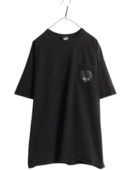 ハーレー ダビットソン 両面 プリント ポケット付き Tシャツ メンズ XXL / オフィシャル ヘビーウェイト バイク イラスト 大きいサイズ 黒