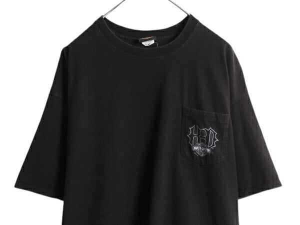 ハーレー ダビットソン 両面 プリント ポケット付き Tシャツ メンズ XXL / オフィシャル ヘビーウェイト バイク イラスト 大きいサイズ 黒